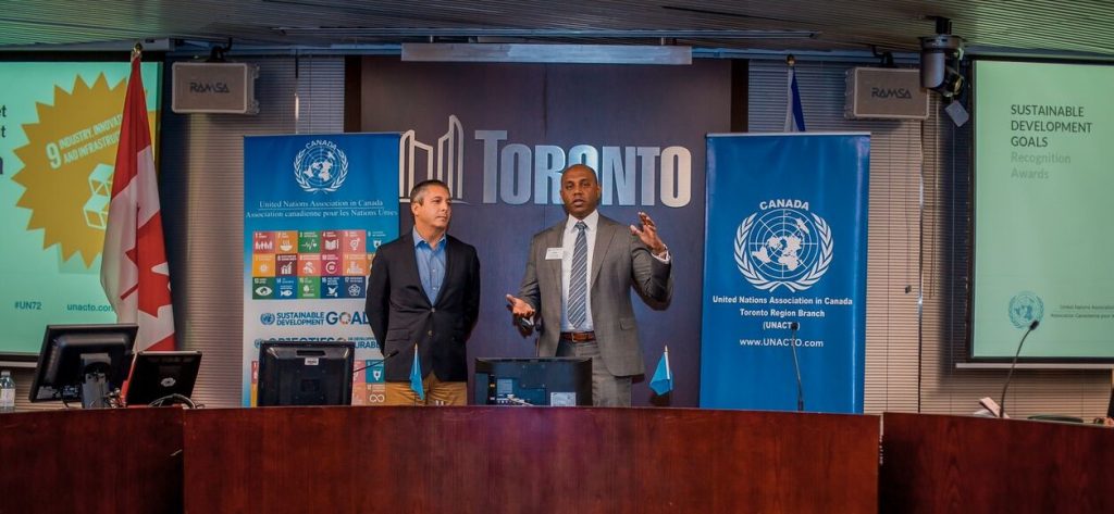 Alex and Jay discuss Socially Responsible Investing (SRI) before accepting their award for SRI at the 72nd Anniversary Celebration of the United Nations which took place at Toronto City Hall in October 2017.